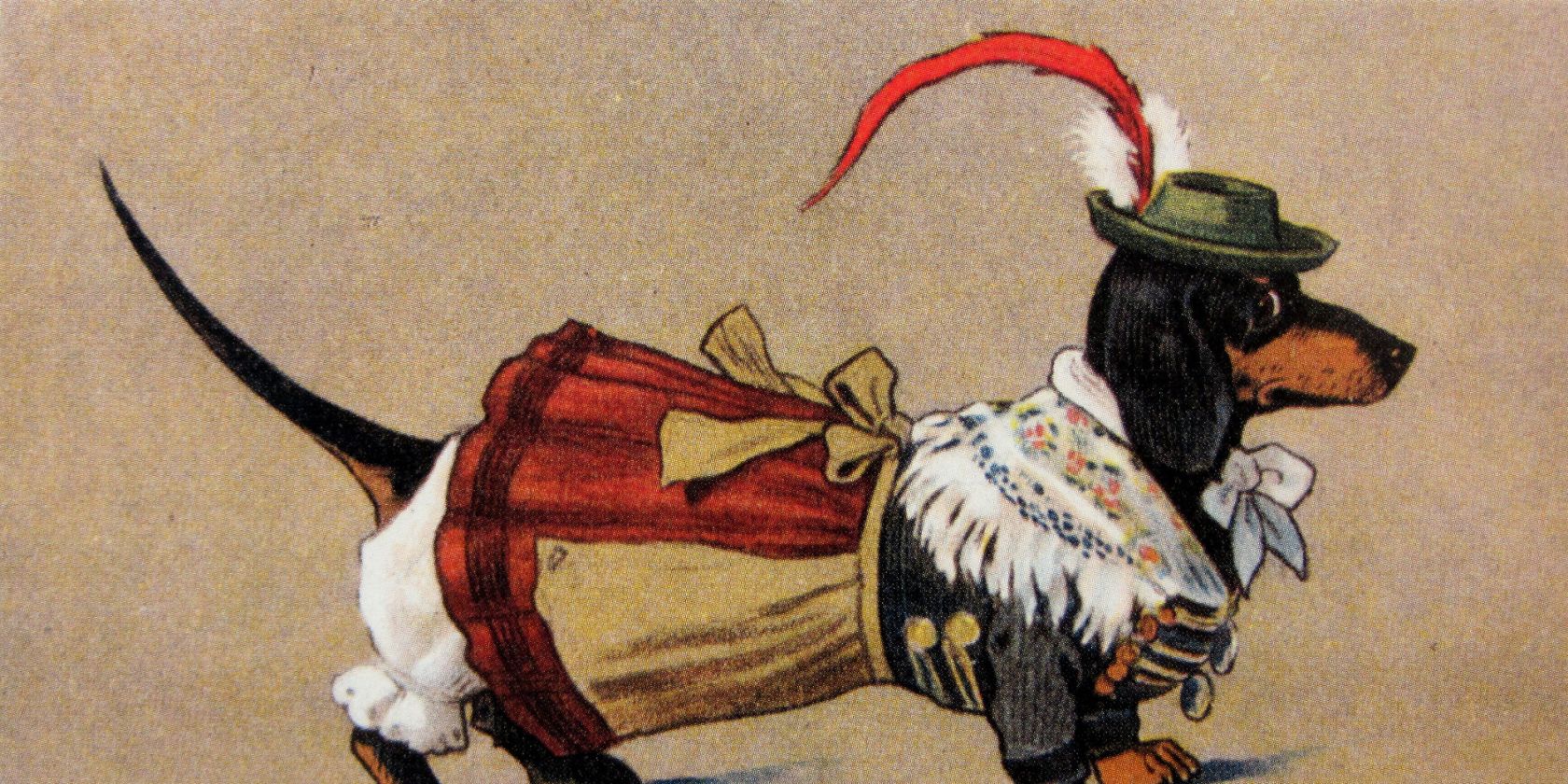 Paul Otto Engelhard „Dackel in Tracht“ um 1905, Verlag Ottmar Zieher, © Dietlind Pedarnig Paul Otto Engelhard „Dackel in Tracht“ um 1905, Verlag Ottmar Zieher, © Dietlind Pedarnig