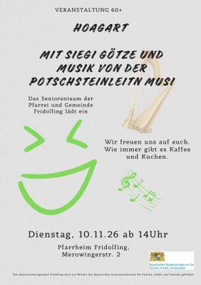 Veranstaltung 60+ "Hoagart mit Siegi Götze" Veranstaltung 60+ "Hoagart mit Siegi Götze"