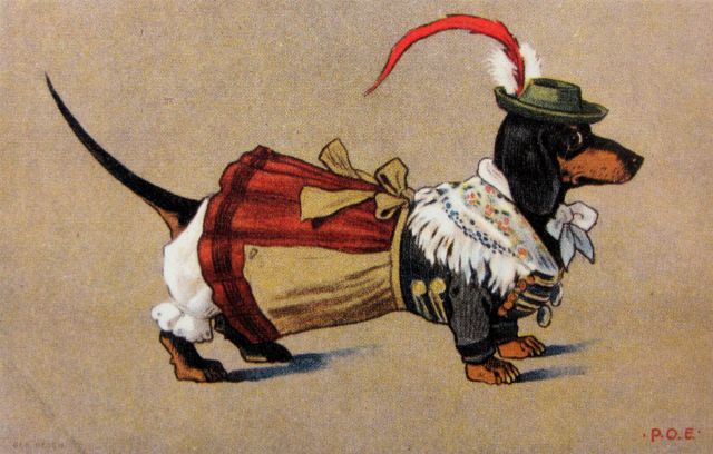 Paul Otto Engelhard „Dackel in Tracht“ um 1905, Verlag Ottmar Zieher, © Dietlind Pedarnig Paul Otto Engelhard „Dackel in Tracht“ um 1905, Verlag Ottmar Zieher, © Dietlind Pedarnig